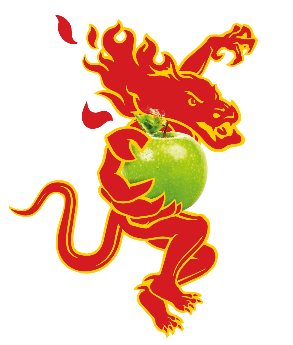 An illustration of the Fireball Dragon Man in his signature pose. His right hand clutches a photorealistic green apple with beads of water on the surface.