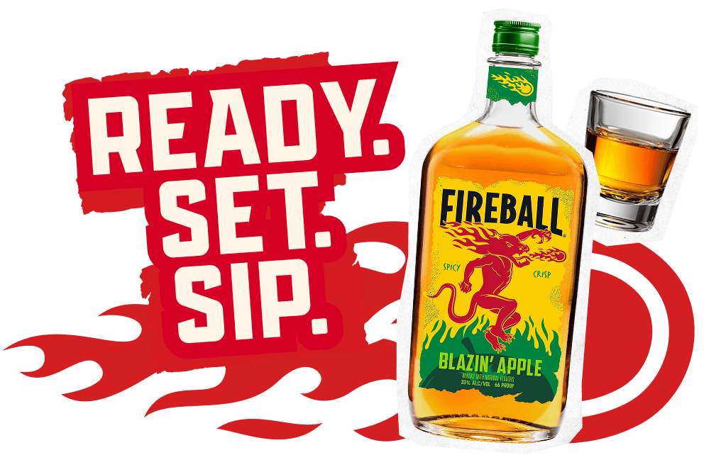 Ready. Set. Sip. A bottle of Fireball Blazin Apple next to a shot glass.